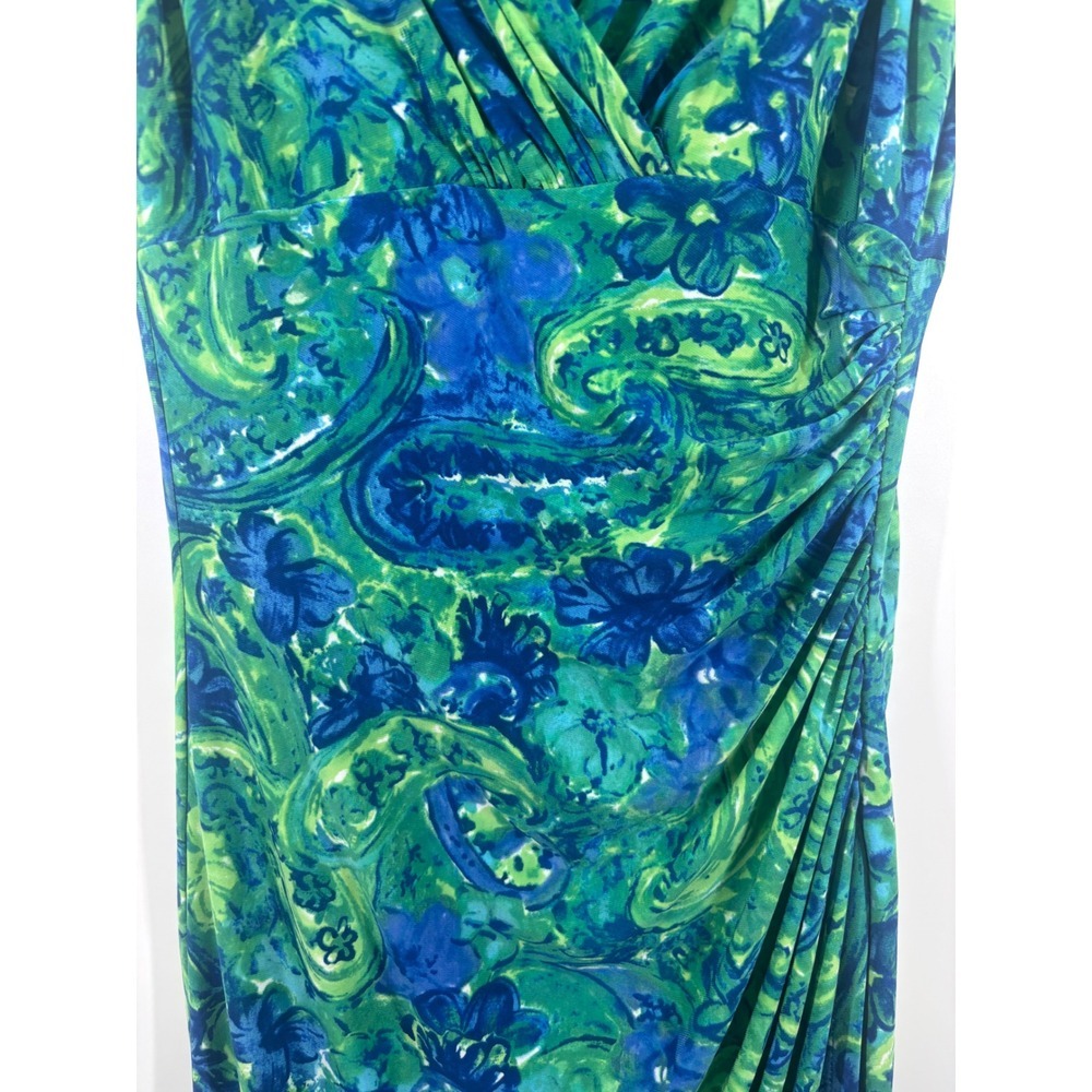 Lauren Ralph Lauren Green Blue Paisley Floral Ruched Surplice Sheath Dress 4 - Picture 3 of 5